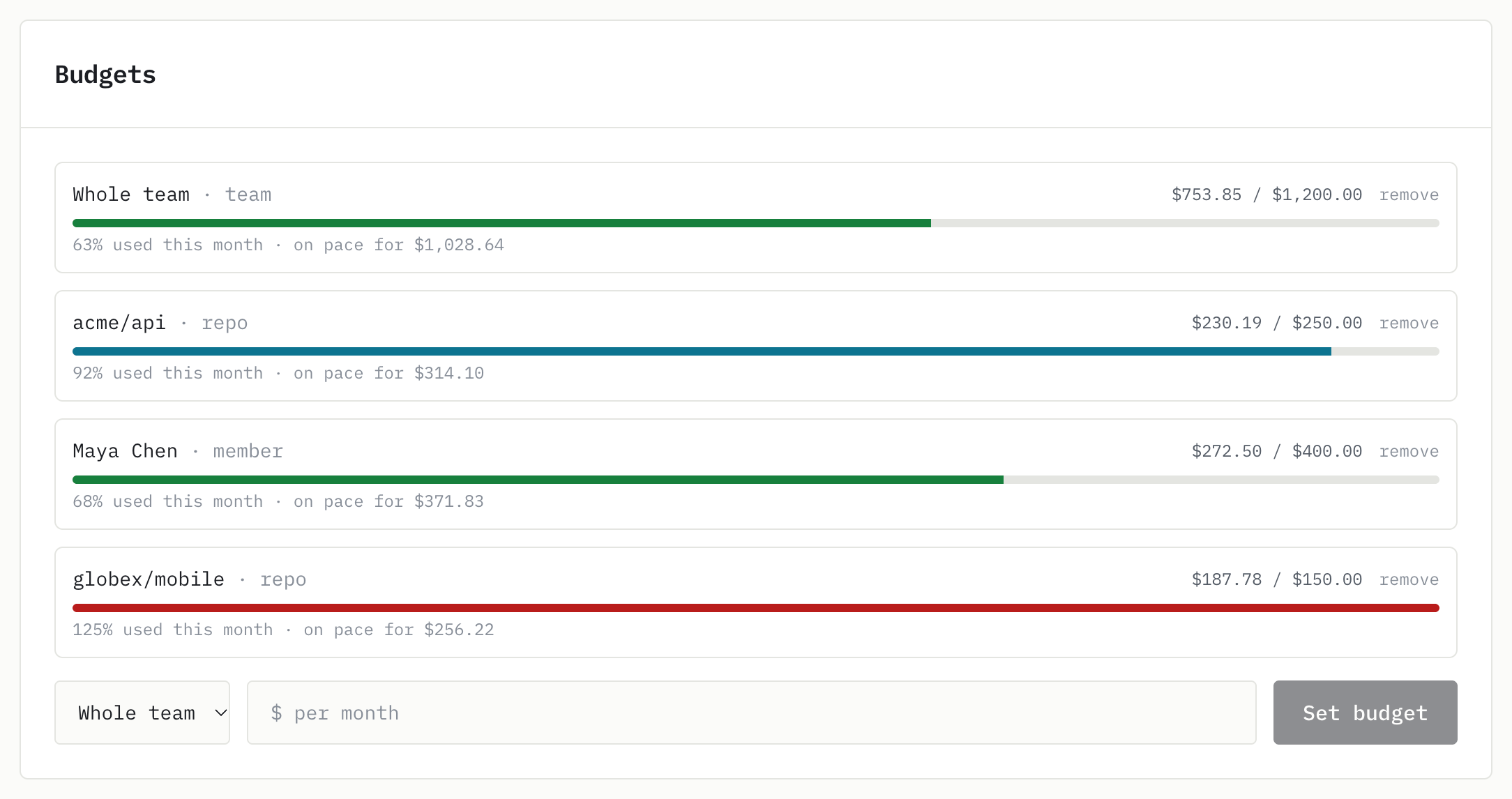Four monthly budgets with progress bars: the whole team at 63%, one repo at 92%, one member at 68%, and one repo over budget at 125%.